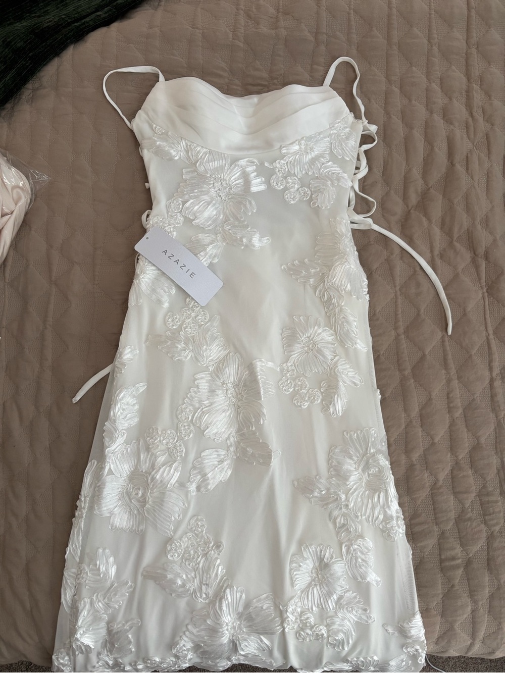 Azazie White Strapless Floral Lace Slip Dress
